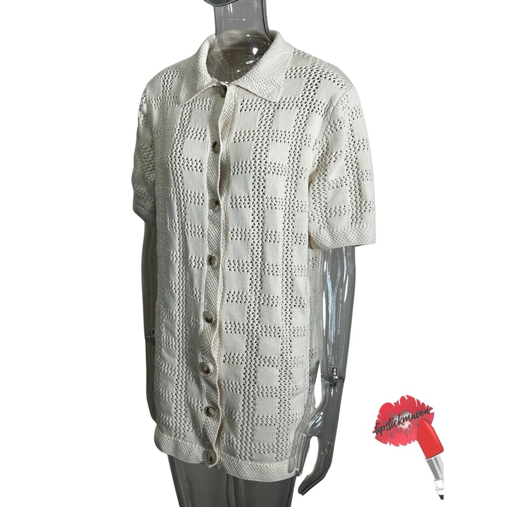 Aaron & Amber Crochet Knit Dress Shirt Women Small Beige Boho‎ Beach Coastal